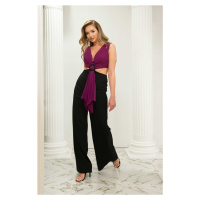 Carmen Fuchsia Black Decollete Buckled Jumpsuit