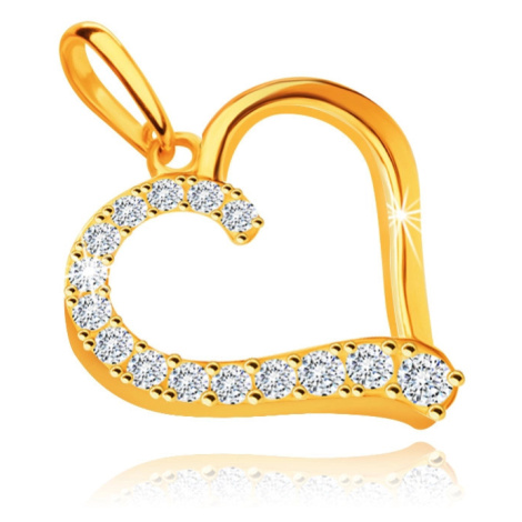 Přívěsek ze žlutého 9K zlata - zvlněná linie srdce, čiré zirkony Šperky eshop