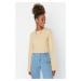 Trendyol Beige 100% Cotton Crop Crew Neck Flare Sleeve Knitted T-Shirt