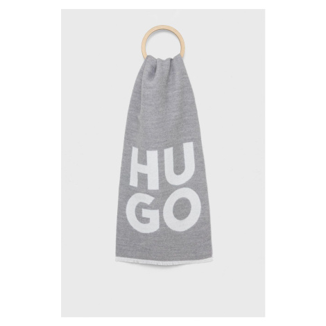 Vlněná šála HUGO šedá barva, s potiskem Hugo Boss