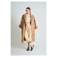 Laluvia Camel Double Breasted Collar Button Detailed Belted Coat