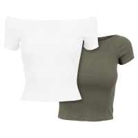 Dámské tričko Off Shoulder Rib Tee 2-Pack bílá+olivová