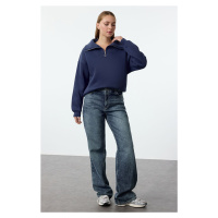 Trendyol Indigo Thick Fleece Zippered Oversize/Wide Fit Knitted Sweatshirt