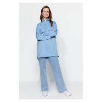Trendyol Blue Zipper Stand-Up Collar Scuba Knitted Sweatshirt
