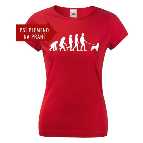 Dámske tričko s potiskem Evoluce venčení psa - tričko pro pejskařky BezvaTriko