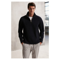 GRIMELANGE Hayes Men's Fleece Half Zipper Thick Textured Comfort Fit Navy Blue Fleece with Leath