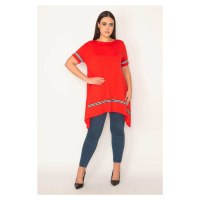 Şans Women's Plus Size Red Stripe Detailed Asymmetrical Tunic