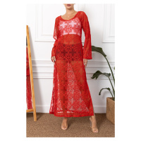 armonika Women's Red Long Beach Dress with Slits and Patterned