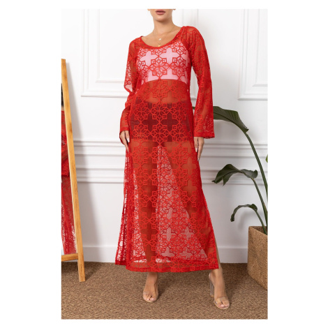Armonika dámské červené dlouhé plážové šaty s rozparky a vzorem