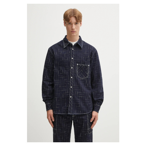 Džínová košile Kenzo Weave Casual pánská, tmavomodrá barva, relaxed, s klasickým límcem, FF65DC4