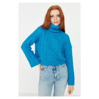 Trendyol Blue Crop Rolák pletený svetr