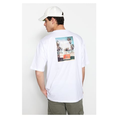 Trendyol White Oversize/Wide Cut Landscape Printed Short Sleeve 100% Cotton T-Shirt