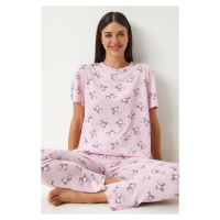 Happiness İstanbul Women's Light Pink Patterned Viscose Trousers T-Shirt Pajama Set