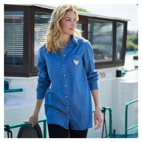 Blancheporte Dlouhá košile s výšivkou "srdce", džínovina sepraná modrá