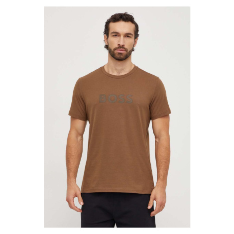 Bavlněné tričko BOSS hnědá barva, s potiskem Hugo Boss