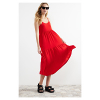 Trendyol Red Flounce Relaxed Cut Strap Midi Woven Dress