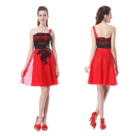 červené krátké společenské šaty s černou krajkou na jedno ramínko Silva Ever-Pretty