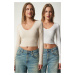 Happiness İstanbul Women's Cream White V-Neck 2-Pack Crop Knitted Blouse