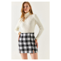 armonika Women's Checker Pattern Stitched Slit Mini Skirt