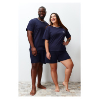 Trendyol Navy Blue Regular Fit Embroidered Couple Knitted Plus Size Pajama Set with Shorts