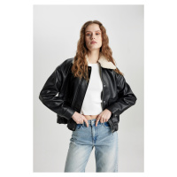 DEFACTO Oversize Fit Detachable Faux Für Collar Faux Leather Jacket Coat