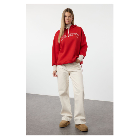 Trendyol Red Thick Fleece Knitwear Hooded Knitted Sweatshirt with Tape Detail