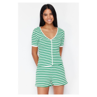 Trendyol Green Cotton Striped Corded Knitted Pajamas Set