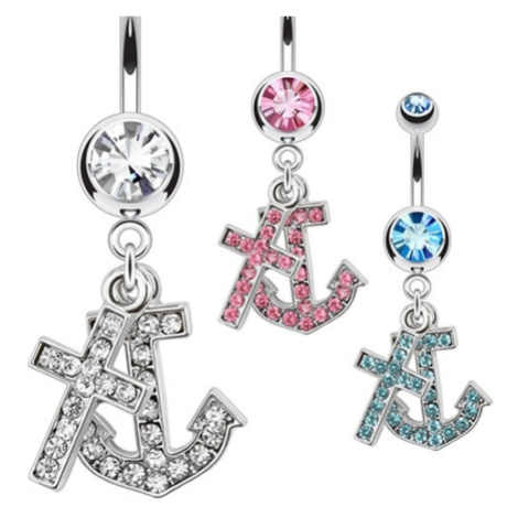 Ocelový piercing do pupíku s přívěskem kotvy a kříže, zirkony - Barva zirkonu: Růžová - P Šperky eshop