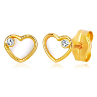 Náušnice ze žlutého zlata 585 - srdce s přírodní perletí a zirkonem