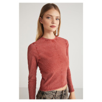 GRIMELANGE Benrice Women's Crew Neck Long Sleeve Brick Color Blous