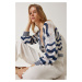 Happiness İstanbul Women's Cream Navy Blue Striped Openwork Seasonal Knitwear Cardigan