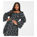ASOS DESIGN Curve mini tea dress with bubble ruched sleeve in black base floral