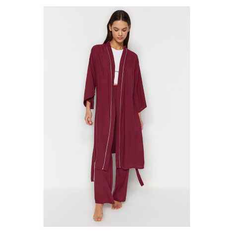 Trendyol Damson 2-Piece Viscose Tie Dressing Gown-Pajama Bottom Woven Pajamas Set