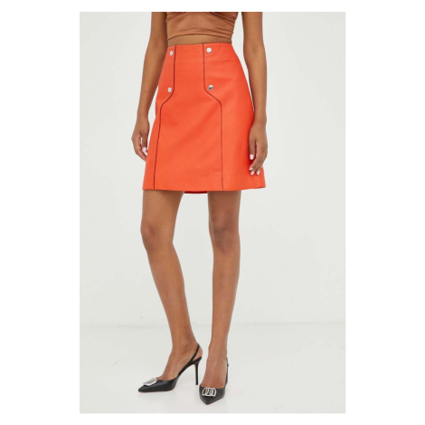 Kožená sukně BOSS oranžová barva, mini, áčková Hugo Boss