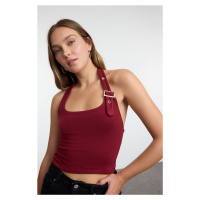 Trendyol Burgundy Neck Tie Belt Detailed Slim Pattern Knitted Blouse