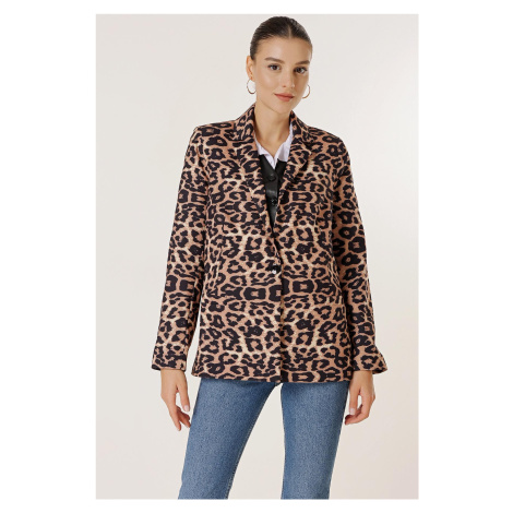 By Saygı One Button Lined Leopard Pattern Comfort Fit Jacket