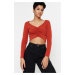 Trendyol Cinnamon Shirred Detail Fitted/Simple Crop, Stretchy Knitted Blouse