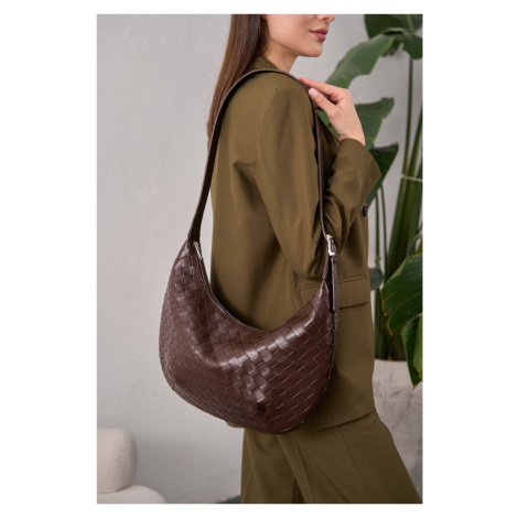 Madamra Women's Brown Knitted Pattern Big Bag