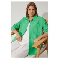 Happiness İstanbul Women's Green Oversize Linen Ayrobin Shirt