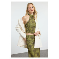 Trendyol Green Draped Weightlifting Neck Fitted/Situated Tulle Knit Knitted Blouse