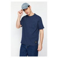 Trendyol Basic Indigo Relaxed Textured Waffle Short Sleeve T-Shirt with Pocket Label