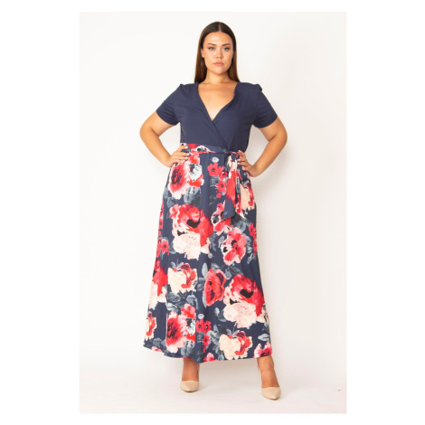 Şans Women's Navy Blue Plus Size Wrap Collar Skirt Floral Patterned Dress