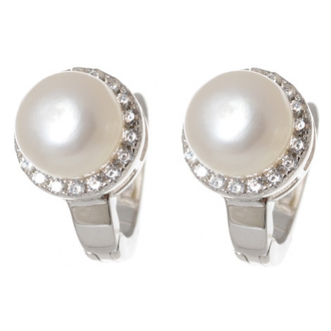 Stříbrné náušnice s perlou a zirkony 57369F Silver style