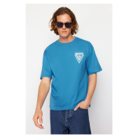 Trendyol Blue Oversize/Wide-Fit Crew Neck City Printed 100% Cotton T-Shir
