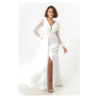 Lafaba Women's White V-Neck Sleeves Stoned Slit Long Evening Dress