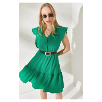 Olalook Women's Grass Green Sleeve Frilly Buttoned Elastic Waist Mini Dress