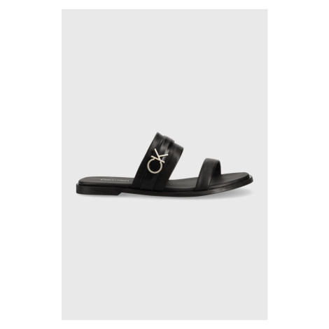 Kožené pantofle Calvin Klein ALMOND SLIDE W/HW dámské, černá barva, HW0HW01482