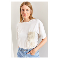 Bianco Lucci Women's Pocket Tassel Patterned Combed Combed Cotton Tshirt