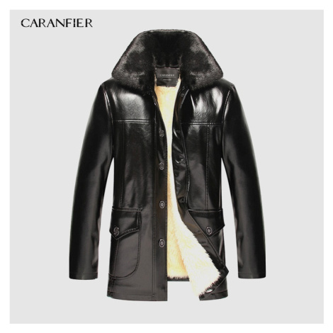 Zimní pánský kabáte kožený s kožešinovým límcem