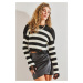Bianco Lucci Women's Patterned Crop Striped Sweater with Torn Edge